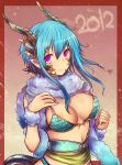 1girl 2012 big_breasts bikini_top blue_hair breasts dragon_girl dragon_tail horns kara_(color) large_breasts long_hair looking_at_viewer monster_girl original pink_eyes pointy_ears smile solo tail