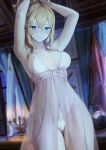 1girl adjusting_hair armpits arms_up babydoll blonde_hair blue_eyes blush breasts candle female_only genshin_impact human jean_gunnhildr lingerie nashidrop negligee night nightgown panties ponytail seductive seductive_smile see-through see-through_clothing smile solo_female underwear white_panties wide_hips