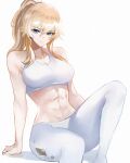 1girl 1girl abs alluring arm_support athletic_female bare_arms big_breasts blonde_hair blue_eyes breasts cleavage closed_mouth crop_top expressionless female_abs fit_female genshin_impact high_res jean_(genshin_impact) jean_gunnhildr long_hair looking_at_viewer midriff pants ponytail sidelocks simple_background sitting tank_top tommy_(kingdukeee) white_legwear white_pants white_tank_top