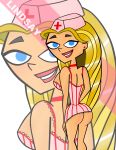 blonde_hair blue_eyes cartoon_network ear_piercing earrings hat hourglass_figure huge_breasts jewelry light-skinned_female lindsay_(tdi) lipstick long_blonde_hair long_hair looking_back no_panties nurse nurse_cap nurse_uniform piercings skirt_lift smile solo striped_hair thick_ass thick_legs thick_thighs total_drama_island two_tone_hair wasp_waist