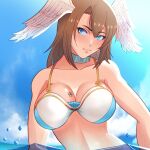  1girl alluring big_breasts bikini blue_eyes breast_tattoo brown_hair choker cleavage eunie_(xenoblade) head_wings high_res ihsnet long_hair official_alternate_costume smile swimsuit tattoo wings xenoblade_(series) xenoblade_chronicles_3 