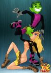 1boy 1girl beast_boy blonde_hair breasts dc_comics fellatio female long_blonde_hair long_hair male male/female mostly_nude no_bra no_panties oral oral_sex penis_in_mouth shorts shorts_down teen_titans terra xl-toons