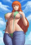 big_breasts cleavage jeans nami nami_(one_piece) one_piece orange_hair patreon sling_bikini superbusty tagme underboob undressing wink