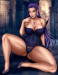 big_breasts blue_hair caucasian cleavage dc_comics earrings flowerxl high_heels justice_league legs legs_spread lipstick looking_at_viewer milf necklace panties sexy sitting slut tala thick_thighs thighs top