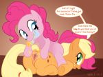 anus applejack_(mlp) ass_up blonde_hair blue_eyes clitoris equine female feral food food_play friendship_is_magic green_eyes hair honey horse lesbian my_little_pony pink pink_hair pinkie_pie pinkie_pie_(mlp) pinned pony presenting pussy spreading syoee_b tan