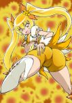  1girl ass bike_shorts blonde_hair boots bow cameltoe cure_sunshine gokkun_tororojiru heartcatch_precure! high_heel_boots high_heels itsuki_myoudouin long_hair magical_girl midriff myoudouin_itsuki navel orange_bow precure shorts_under_skirt twin_tails twintails wrist_cuffs yellow yellow_background yellow_eyes 