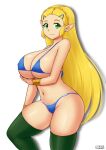  1girl alluring big_breasts bikini blonde_hair cleavage green_eyes gummslime nintendo princess_zelda stockings the_legend_of_zelda the_legend_of_zelda:_tears_of_the_kingdom under_boob 