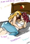 applejack bed blonde bra breakfast cherry_(fruit) cherry_jubilee closed_eyes comic freckles friendship_is_magic hair humanized lick lingerie my_little_pony red_hair straddle suggestive sundown wing_boner yuri