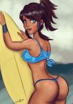 1girl artist_name ass avatar:_the_last_airbender beach bikini blue_eyes breasts brown_hair bubble_butt danigunz dark-skinned_female dark_skin female_only korra lipstick ocean shiny shiny_skin signature smile solo_female surfboard the_legend_of_korra thong twin_tails wide_hips