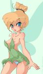 1girl blonde_hair blue_eyes breasts disney fairy female hair looking_at_viewer nipples panties peter_pan short_dress slugbox solo striped_panties tinker_bell underwear wings