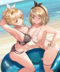  2_girls ;) alternate_hair_color arm_behind_head armpits ass ass_cleavage asymmetrical_docking atelier_(series) atelier_ryza bangs beach big_breasts bikini black_bikini black_hairband black_ribbon blonde_hair blush braid breast_press breasts brown_hair butt_crack cleavage closed_mouth clothed_female collarbone covered_nipples ecipse_(artist) female_focus female_only floral_print green_eyes hair_ribbon hairband hand_holding horny kirikawa klaudia_valentz long_hair looking_at_viewer medium_breasts multiple_girls nipples o-ring o-ring_bottom ocean one_eye_closed outside reisalin_stout ribbon sand see-through short_hair smile sweat swimsuit teen video_game_character video_game_franchise wavy_mouth wet white_bikini yellow_eyes yellow_hairband 