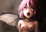  1girl animal_ears breasts bust collarbone ear_piercing earrings female ikamagu ikmg jewelry mystia_lorelei nipples nude open_mouth piercing pink_eyes pink_hair short_hair solo tears touhou upper_body wings 