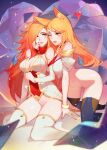 2_girls ahri animal_ears bottomless bottomless_female bracelet female_focus female_only green_eyes kyomon league_of_legends long_hair miss_fortune orange_eyes orange_hair pussy songjikyo yuri