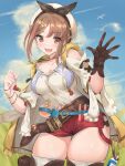  1girl :d absurd_res atelier_(series) atelier_ryza bangs belt belt_buckle beret big_breasts bird blue_belt blush breasts brown_belt brown_eyes brown_gloves brown_hair buckle cleavage clothed_female cloud cloudy_sky collarbone commentary cowboy_shot day eyebrows_visible_through_hair female_focus female_only gloves hair_ornament hairclip hands_up hat high_res hip_focus hood hood_down hooded_jacket jacket jewelry leather leather_belt leather_gloves looking_at_viewer midriff_peek navel_cutout necklace open_mouth outside pose pouch red_shorts reisalin_stout renzu_(lens_02) round-bottom_flask shirt short_hair short_shorts shorts shoulder_cutout single_glove sky smile solo_female solo_focus star star_necklace stockings tagme teen thigh_gap thigh_pouch thighs tsurime upper_teeth vial video_game_character video_game_franchise white_headwear white_legwear white_shirt wind wristband yellow_jacket 