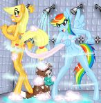  applejack breasts bubble canine demonnyuu demonnyuu_(artist) dog equine female friendship_is_magic green_eyes horse my_little_pony nudity pink_eyes pussy rainbow_dash shower soap_bubbles tail towel towel_snap wet winona_(mlp) 