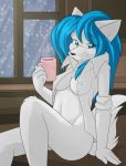 blue_eyes blue_hair blush bottomless breasts canine clothing coffee female furry furry_wolf furry_wolf_(artist) hair looking_at_viewer pinup shirt smile solo white_fur