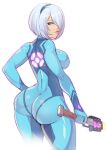 1girl ass blue_eyes bodysuit cosplay energy_sword from_behind greenmarine hair_over_one_eye hairband holding_weapon impossible_clothes lips metroid nier:_automata pout pouting samus_aran samus_aran_(cosplay) short_hair silver_hair skin_tight thunder_thighs yorha_2b yorha_no._2_type_b zero_suit zero_suit_samus zero_suit_samus_(cosplay)