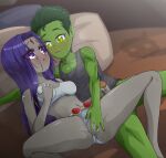  1boy 1girl alternate_hairstyle beast_boy bed belt blush bottomless bra breasts canon_couple dc_comics elchasconsito fingering fingering_pussy garfield_logan green_eyes green_hair green_skin grey_skin handjob legs long_hair navel on_bed open_mouth panties panties_aside penis pointy_ears precum purple_eyes purple_hair pussy pussy_juice rachel_roth raven_(dc) romantic self_fondle short_hair sports_bra spread_legs sweat tagme tank_top teen_titans white_bra white_panties 