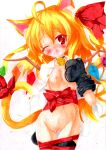 1girl ahoge animal_ears blonde_hair cat_ears cat_tail female flandre_scarlet high_res highres kemonomimi_mode looking_at_viewer naked_ribbon nude open_mouth pussy red_eyes ribbon solo tail tinkvov touhou uncensored wince