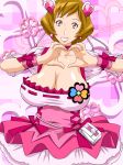 1girl breasts brown_hair choker cleavage cosplay cure_peach cure_peach_(cosplay) female fresh_precure! fresh_pretty_cure! grin hair_ornament heart heart_hair_ornament heart_hands huge_breasts kamomes looking_at_viewer magical_girl momozono_ayumi precure pretty_cure short_hair smile solo tetsukui uncensored