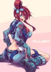 1girl ass blue_boots blue_eyes boots breasts fukai_ryosuke fukai_ryousuke fuuro_(pokemon) gloves gym_leader highres large_breasts long_hair looking_back open_mouth pokemon pokemon_(game) pokemon_black_and_white pokemon_bw red_hair redhead sitting smile solo wariza