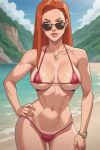 1girl atom_eve beach bikini blue_sky cleavage green_eyes heizen invincible necklace ocean orange_hair samantha_eve_wilkins sunglasses underboob watch