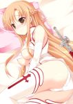  1girl alluring areola areolae ass asuna_(sao) bad_id bare_shoulders blush braid breasts brown_eyes brown_hair detached_sleeves frown long_hair nasu_hanahana panties solo stockings sword sword_art_online thighhighs underboob underwear weapon yuuki_asuna 