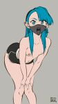  1girl bent_over blue_eyes blue_hair booty_shorts earrings hair_ornament khin_(khindzadza) khindzadza long_hair looking_at_viewer mask mouth_open navel navel_piercing nipples original pale-skinned_female pale_skin stomach thick_thighs tongue_out topless transgender 