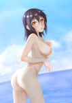 1girl 1girl 1girl ass back bakemonogatari bangs beach black_hair blue_hair blush cloud completely_nude hand_on_chest hand_on_own_chest kanbaru_suruga looking_at_viewer monogatari_(series) nipples nude ocean open_mouth outside pei_(uenosin10) short_hair sky stockings thighs tomboy yellow_eyes