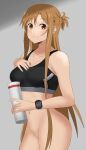 alluring amber_eyes asuna_(sao) auburn_hair bare_legs big_breasts hx1aewa9 naked_from_the_waist_down pussy sports_bra sword_art_online watch water_bottle