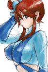 1girl :o blue_eyes breasts bust fuuro_(pokemon) gym_leader hair_ornament pokemon pokemon_(game) pokemon_black_and_white pokemon_bw pon red_hair simple_background solo upper_body white_background