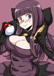 1girl alternate_hairstyle bangs blunt_bangs blush breasts cleavage elite_four glasses gloves highres holding holding_poke_ball large_breasts long_hair maru_(maruttona) pen poke_ball pokemon pokemon_(game) pokemon_bw purple_hair purple_skirt shikimi_(pokemon) simple_background skirt smile solo