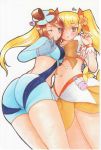 2girls ass blonde_hair blue_gloves blush breasts crossover cure_sunshine fuuro_(pokemon) gloves heart long_hair midriff multiple_girls navel pokemon precure skyla twintails wink yellow_eyes