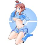 1girl aosode belly blue_boots blue_eyes boots breasts fuuro_(pokemon) gloves gym_leader hair kneeling long_hair midriff navel payot pokemon pokemon_(game) pokemon_bw red_hair shirt_lift shorts sidelocks smile solo underboob