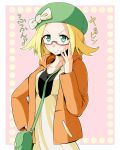 1girl adjusting_glasses bag bel_(pokemon) blonde_hair glasses green_eyes hat hat_ribbon highres jacket kayama_kenji pokemon pokemon_(game) pokemon_bw2 reki_48 ribbon semi-rimless_glasses short_hair smile solo