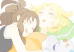  2girls bare_shoulders bel_(pokemon) between_breasts blonde_hair breast_pillow breasts brown_hair hat head_between_breasts hirosuke hirosuke_(psychexx) multiple_girls open_mouth oshawott pokemon pokemon_(game) pokemon_bw ponytail saliva sleeping touko_(pokemon) white_background yuri 