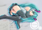  1girl character_name cyprus green_eyes green_hair hatsune_miku long_hair lying miku_hatsune sheet_music skirt solo thighhighs very_long_hair vocaloid 