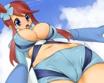 1girl blue_eyes blue_gloves blue_sky breasts cloud fuuro_(pokemon) gloves gym_leader large_breasts long_hair midriff navel open_mouth pokemon red_hair skyla solo