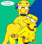  blushing breasts cheating_husband cheating_wife dialogue erection kirk_van_houten marge_simpson nude_female nude_male puffy_pussy red_anus the_simpsons uso_(artist) yellow_skin 