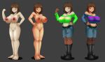  2_girls adapted_costume aged_up areolae artist_name big_breasts black_boots blue_eyes boots bottomwear breasts brown_hair chara chara_(undertale) cleavage clothed clothed_female clothed_human clothing duo erect_nipples female female_chara female_frisk female_human female_only frisk frisk_(undertale) hair hand_on_hip hands_on_hips human looking_at_viewer nipples nude pussy red_eyes short_hair simple_background smile smirk soultornado spazman standing striped_shirt topwear undertale undertale_(series) wink 