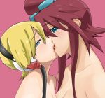 2girls aqua_eyes art babe bare_shoulders blonde blonde_hair blue_eyes blush breasts cable elesa french_kiss fuuro_(pokemon) gym_leader hair_between_eyes half-closed_eyes headphones kamitsure_(pokemon) kissing looking_at_viewer looking_to_the_side love multiple_girls mutual_yuri neck nintendo nude pink_background pokemon pokemon_(anime) pokemon_(game) pokemon_black_and_white pokemon_bw red_hair redhead saliva short_hair simple_background skyla upper_body yuri yuuki_maya