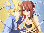 2girls alternate_costume alternate_hair_color alternate_hairstyle art babe bare_shoulders big_breasts blonde blonde_hair blue_eyes blue_gloves blush bodysuit borupikka breasts cable choker cleavage cosplay costume_switch elesa fuuro_(pokemon) fuuro_(pokemon)_(cosplay) gloves gym_leader hair_between_eyes hair_ornament hand_holding headphones holding_hands interlocked_fingers kamitsure_(pokemon) kamitsure_(pokemon)_(cosplay) multiple_girls mutual_yuri neck nintendo pokemon pokemon_(anime) pokemon_(game) pokemon_black_and_white pokemon_bw red_hair redhead short_hair short_hair_with_long_locks side_ponytail skyla smile star underboob upper_body yuri