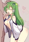 1boy 1girl ass blush bottomless breasts closed_eyes cum cum_in_mouth cum_on_body cum_on_breasts cum_on_upper_body detached_sleeves fellatio frog_hair_ornament green_hair hair hair_ornament hair_tubes hand_on_head haruki_minamura heart hetero kochiya_sanae long_hair masturbation minamura_haruki nipples no_bra oral penis sanae_kochiya snake solo solo_focus swallowing touhou uncensored