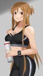 alluring amber_eyes asuna_(sao) auburn_hair big_breasts gym_pants hx1aewa9 sports_bra sword_art_online watch water_bottle