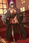 1girl blush breasts coat corset erect_nipples erection fur futanari highres huge_breasts lingerie long_hair nail_polish nipples no_bra no_panties open_mouth penis precum red_eyes sefuart selvaria_bles shoes silver_hair smile solo testicles thighhighs valkyria_chronicles very_long_hair