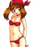 1girl :p arm art artist_request babe bandana bandanna bare_legs bare_shoulders bikini breasts brown_hair collarbone game_freak legs looking_at_viewer lowres may_(pokemon) midriff naughty_face navel nintendo pokemon pokemon_(anime) pokemon_(game) pokemon_diamond_pearl_&_platinum pokemon_dppt pokemon_rse purple_eyes red_bandana red_bandanna red_bikini red_swimsuit short_hair simple_background small_breasts smile strapless_bikini strapless_swimsuit swimsuit tongue tongue_out white_background