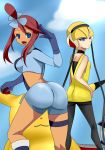 2girls ass bare_shoulders blonde_hair blue_eyes breasts brown_hair cleavage elesa_(pokemon) female fuuro_(pokemon) game_freak gloves gym_leader highres huge_ass humans_of_pokemon kamitsure_(pokemon) large_breasts long_hair looking_back multiple_girls nintendo open_mouth pikachu pokemon pokemon_(anime) pokemon_black_2_&_white_2 pokemon_black_and_white pokemon_bw pokemon_bw2 poorly_drawn short_hair smile