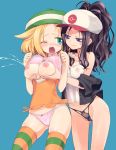  2girls alternate_legwear bel_(pokemon) bianca_(pokemon) black_hair black_panties blonde_hair blue_background blue_eyes blush bow bow_bra bow_panties bra bra_lift breast_grab breast_squeeze breasts cameltoe female grabbing green_eyes green_legwear hat hilda_(pokemon) homura_subaru huge_breasts humans_of_pokemon lactation large_breasts lingerie multiple_girls naughty_face nintendo nipples no_bra no_pants one_eye_closed orange_legwear panties pink_bra pink_panties pokemon pokemon_(game) pokemon_black_and_white pokemon_bw see-through simple_background striped striped_legwear striped_thighhighs thighhighs touko_(pokemon) underwear white_(pokemon) wink yuri 