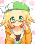  1girl alternate_costume bad_id bel_(pokemon) beret blonde_hair blush glasses green_eyes hat hat_ribbon jacket looking_at_viewer pokemon pokemon_(game) pokemon_bw2 ribbon semi-rimless_glasses shinekalta short_hair smile solo 