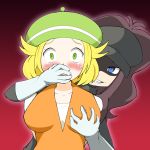  2girls bel_(pokemon) bell_(pokemon) beret blonde_hair blue_eyes blush breast_grab breasts brown_hair cosplay dress female gloves grabbing grabbing_from_behind grin groping hat imminent_rape large_breasts long_hair multiple_girls pokemon pokemon_(game) pokemon_black_and_white pokemon_bw short_hair smile surprised team_rocket touko_(pokemon) white_(pokemon) you_gonna_get_raped yukinojo yuri 